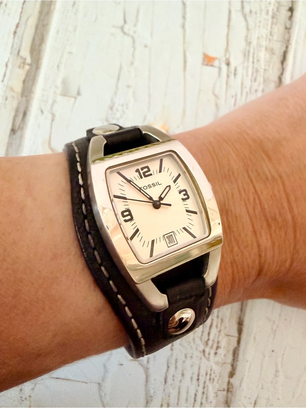 Vintage Fossil Women's Silver-Tone Case Watch with Brown Leather Strap